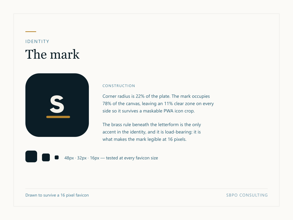 The SBPO Consulting brand mark shown large with construction notes, alongside the same mark rendered at 48, 32 and 16 pixels to demonstrate legibility.